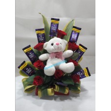 8 red roses +8 Dairy Milk with 6" Teddy In one sided Arrangement 